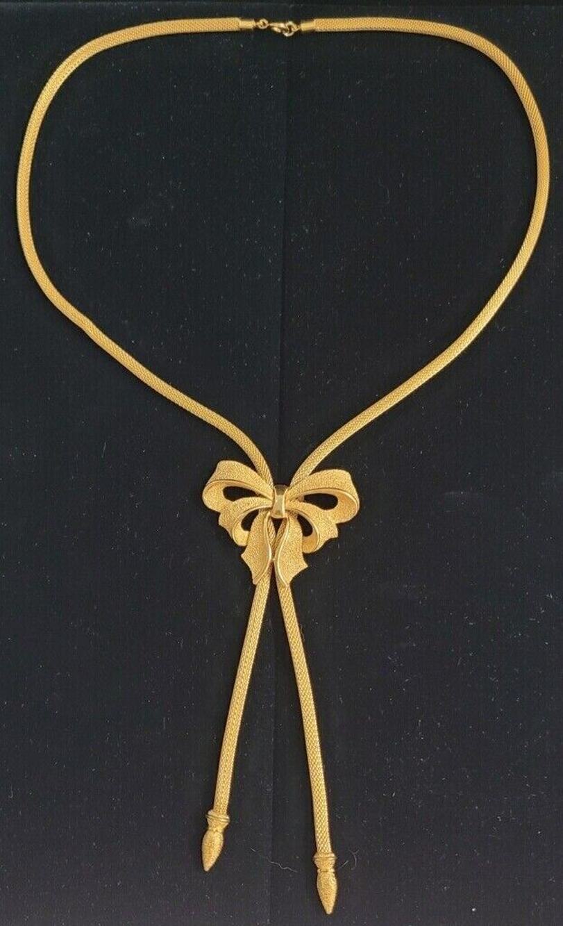 Vintage Crown Trifari Gold Tone Slide Bow Lariat Necklace Adjustable 32"